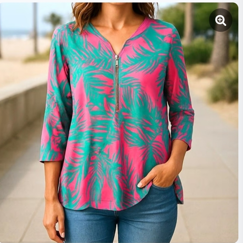 Belle by Kim Gravel Tropical Pink and Green Blouse